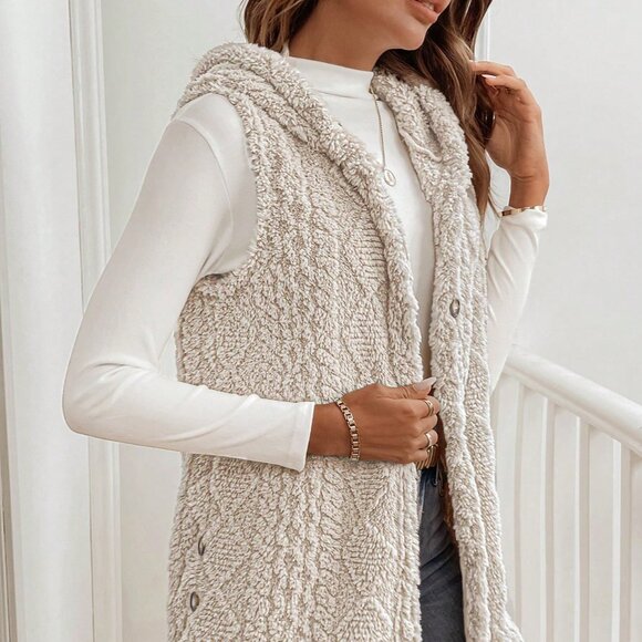 Apricot Casual Women's Hooded Sleeveless Fuzzy Coat - Picture 3 of 7